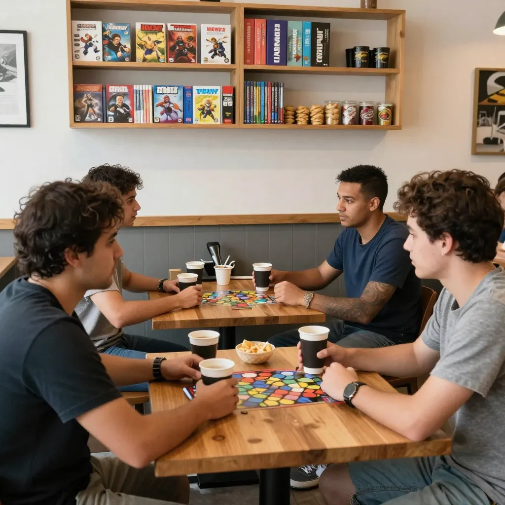 Cozy café interior with gaming tables